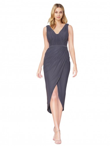 Günstige Schiefergrau Meerjungfrau V-Ausschnitt Cocktail Chiffon Kurze Formale Brautjungfernkleider / Abendkleider / Abiballkleider