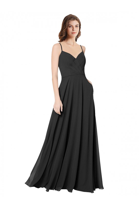 Günstige Schwarz A-Linien Chiffon Lange Brautjungfernkleider