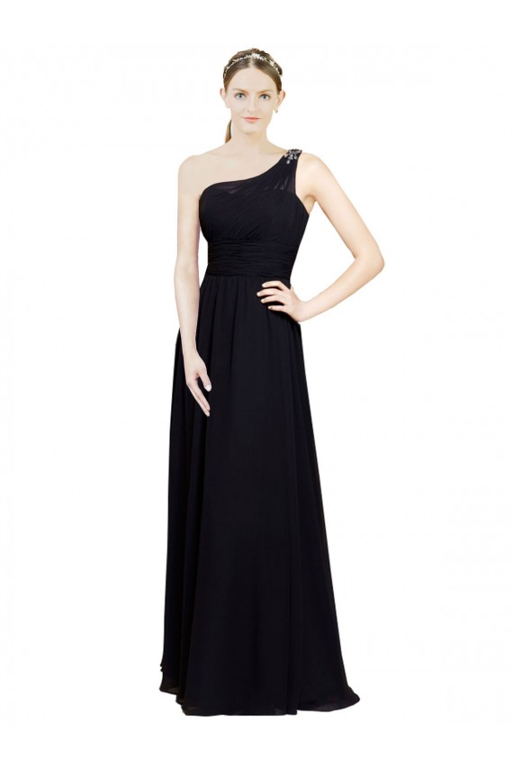 Günstige Schwarz A-Linien Eine-Schulter Chiffon Lange Brautjungfernkleider