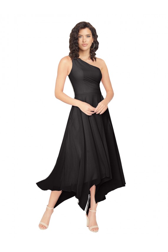 Günstige Schwarz A-Linien Eine-Schulter Trägerlos Midi Chiffon Kurze Brautjungfernkleider / Cocktailkleider / Heimkehr Kleider