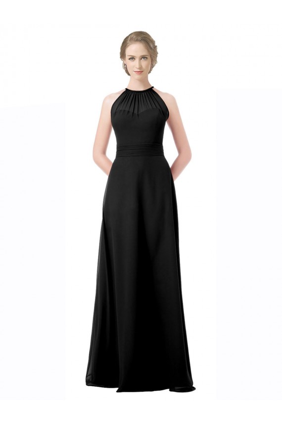 Günstige Schwarz A-Linien Neckholder Chiffon Lange Brautjungfernkleider