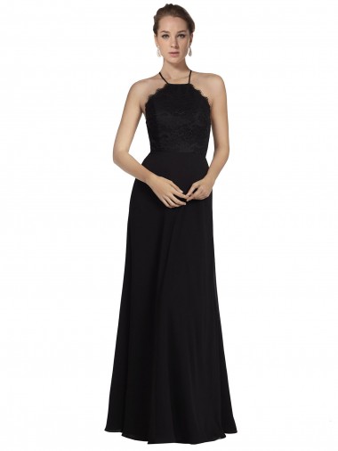 Günstige Schwarz A-Linien Neckholder Chiffon Spitze Lange Brautjungfernkleider