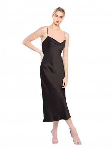 Günstige Schwarz A-Linien Spaghetti-Träger Haube Ausschnitt Midi Stretch-Satin Kurze Formale Brautjungfernkleider / Abendkleider / Abiballkleider / Cocktailkleider / Heimkehr Kleider