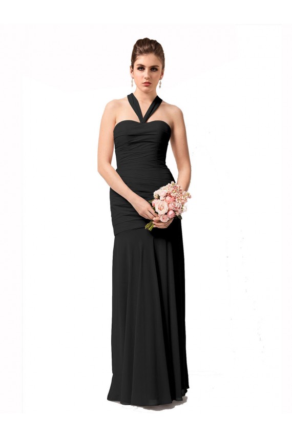 Günstige Schwarz Meerjungfrau Neckholder Chiffon Lange Brautjungfernkleider
