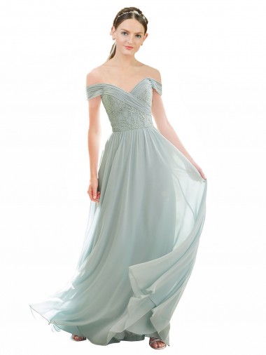 Günstige Seeglas A-Linien Off-Schulter Chiffon Spitze Lange Brautjungfernkleider