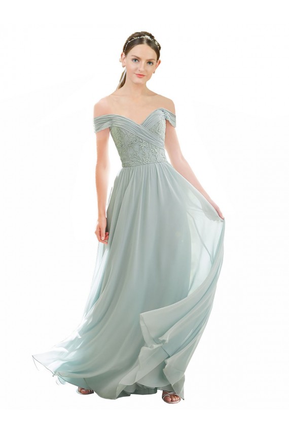 Günstige Seeglas A-Linien Off-Schulter Chiffon Spitze Lange Brautjungfernkleider