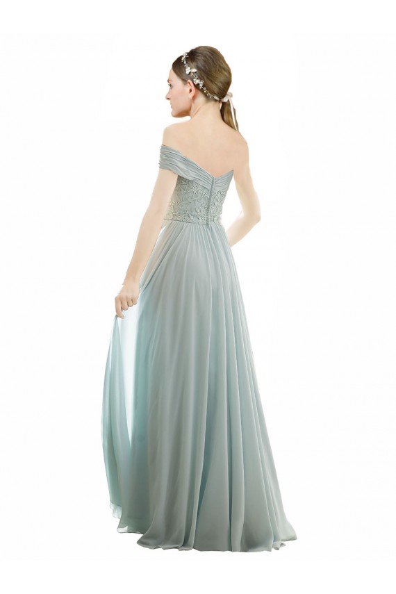 Günstige Seeglas A-Linien Off-Schulter Chiffon Spitze Lange Brautjungfernkleider