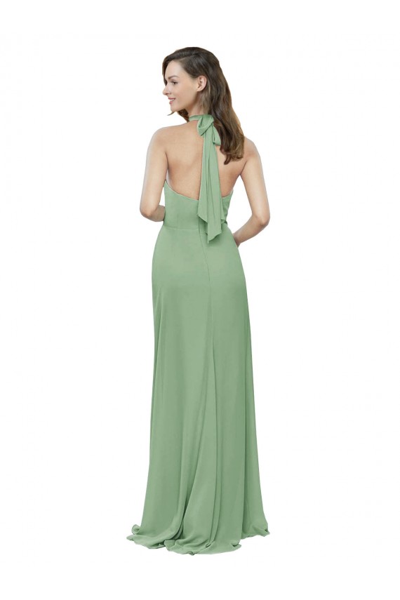 Günstige Seegras A-Linien Neckholder Stehkragen Ausschnitt Chiffon Lange Brautjungfernkleider