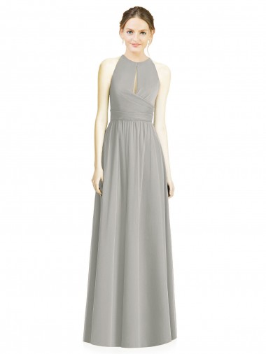 Günstige Silber A-Linien Neckholder Chiffon Lange Brautjungfernkleider