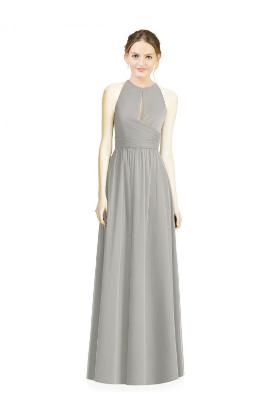 Günstige Silber A-Linien Neckholder Chiffon Lange Brautjungfernkleider