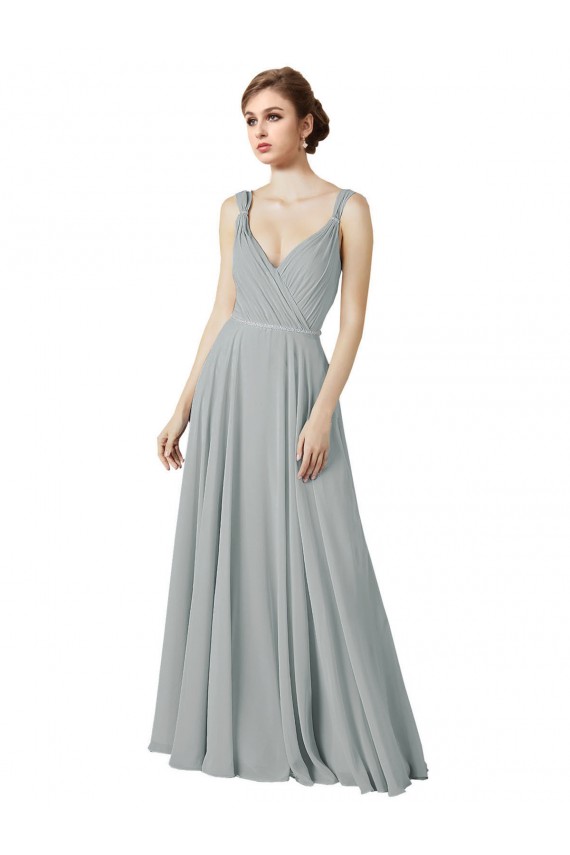 Günstige Silber A-Linien V-Ausschnitt Chiffon Lange Brautjungfernkleider