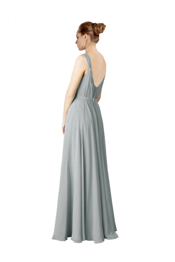 Günstige Silber A-Linien V-Ausschnitt Chiffon Lange Brautjungfernkleider