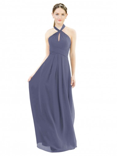 Günstige Silberner Stein A-Linien Neckholder Chiffon Lange Brautjungfernkleider