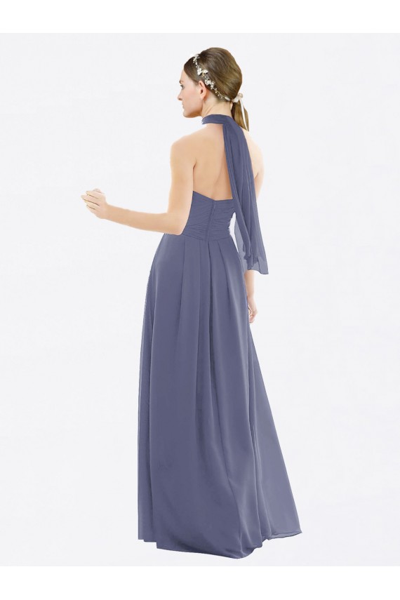 Günstige Silberner Stein A-Linien Neckholder Chiffon Lange Brautjungfernkleider
