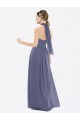 Günstige Silberner Stein A-Linien Neckholder Chiffon Lange Brautjungfernkleider
