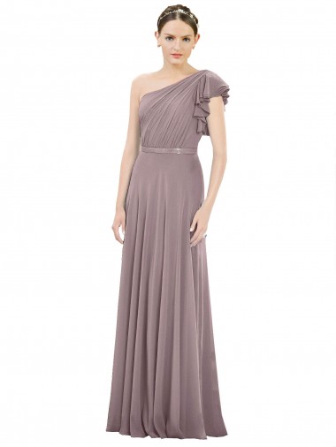 Günstige Staubige Rose A-Linien Eine-Schulter Chiffon Lange Brautjungfernkleider