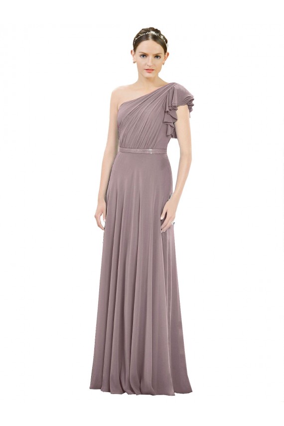 Günstige Staubige Rose A-Linien Eine-Schulter Chiffon Lange Brautjungfernkleider