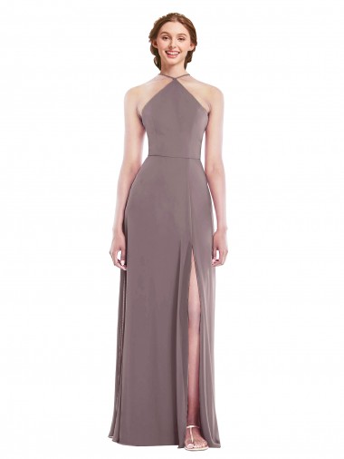 Günstige Staubige Rose A-Linien Neckholder Chiffon Lange Formale Brautjungfernkleider / Abendkleider