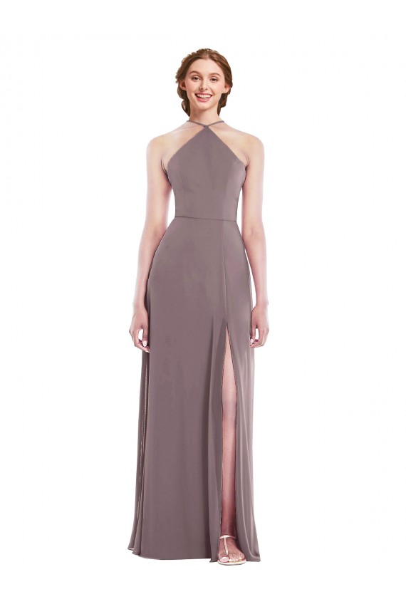 Günstige Staubige Rose A-Linien Neckholder Chiffon Lange Formale Brautjungfernkleider / Abendkleider