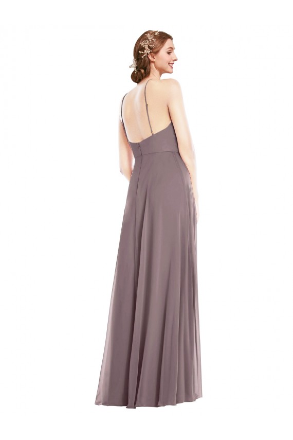 Günstige Staubige Rose A-Linien Neckholder Chiffon Lange Formale Brautjungfernkleider / Abendkleider