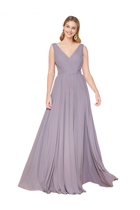 Günstige Staubige Rose A-Linien V-Ausschnitt Chiffon Lange Formale Brautjungfernkleider / Abendkleider / Abiballkleider
