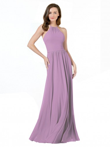 Günstige Staubiger Lavendel A-Linien Neckholder Chiffon Lange Brautjungfernkleider