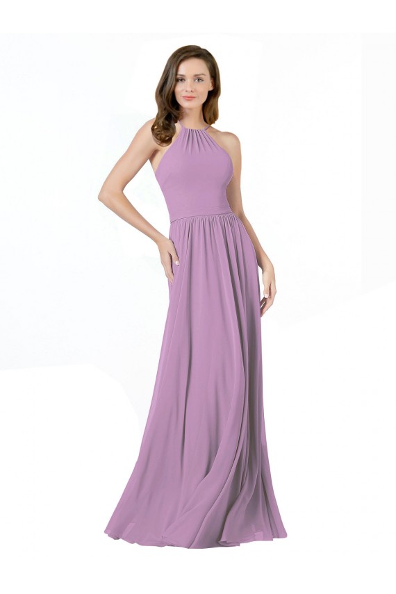 Günstige Staubiger Lavendel A-Linien Neckholder Chiffon Lange Brautjungfernkleider