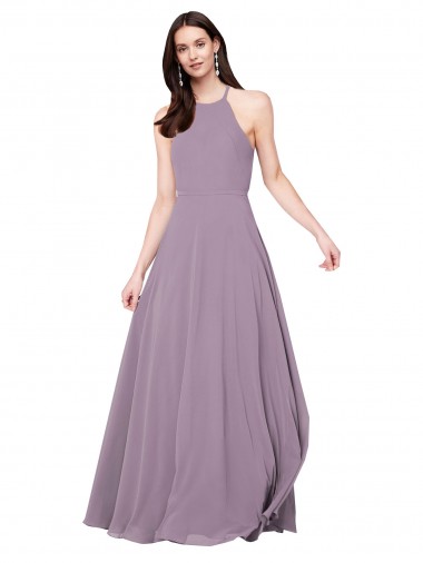 Günstige Staubiger Lavendel A-Linien Neckholder Chiffon Lange Brautjungfernkleider
