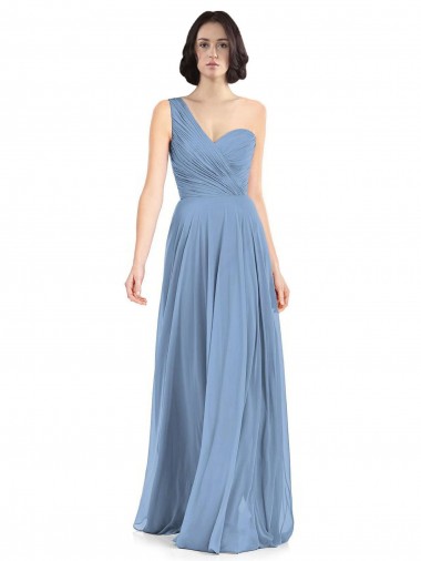 Günstige Staubiges Blau A-Linien Eine-Schulter Chiffon Lange Brautjungfernkleider