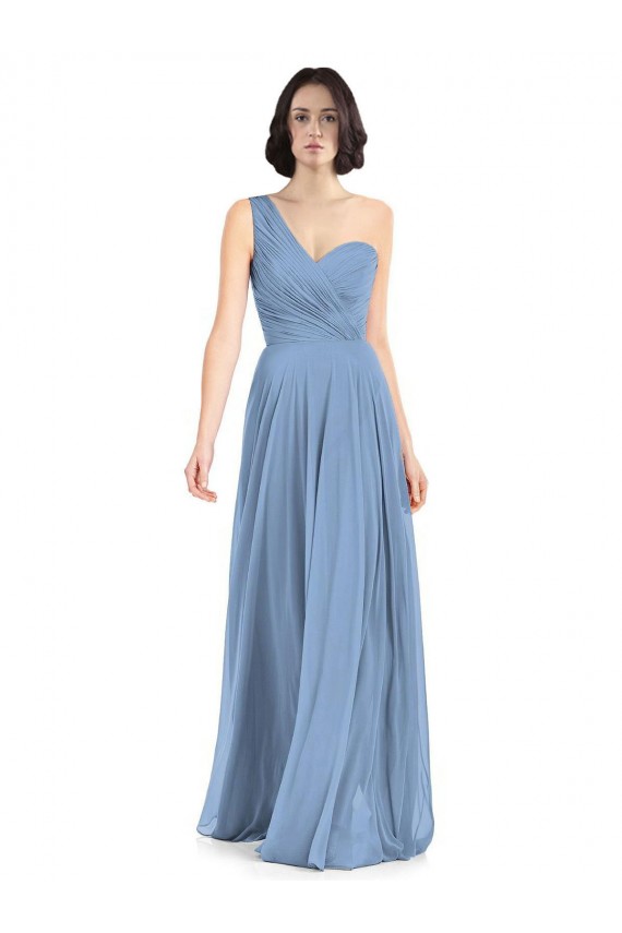 Günstige Staubiges Blau A-Linien Eine-Schulter Chiffon Lange Brautjungfernkleider