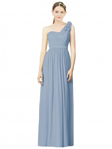 Günstige Staubiges Blau A-Linien Eine-Schulter Chiffon Lange Brautjungfernkleider