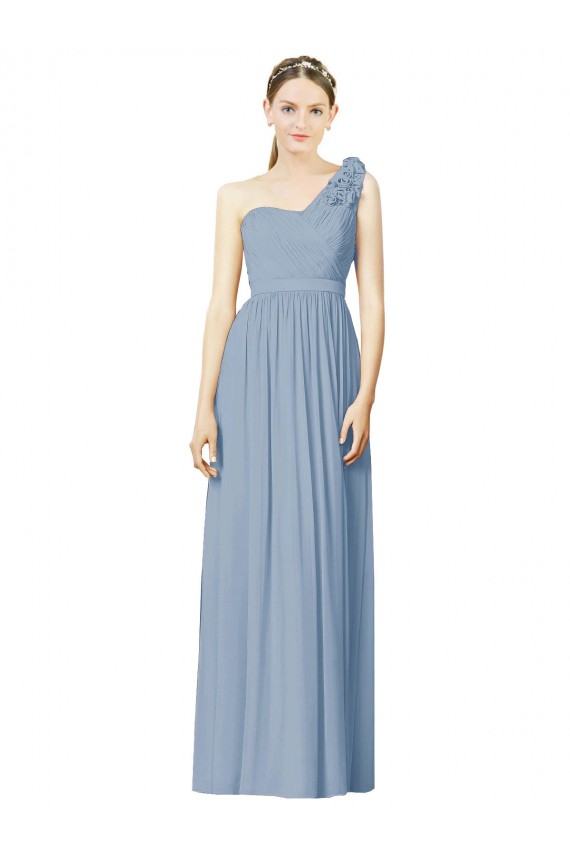 Günstige Staubiges Blau A-Linien Eine-Schulter Chiffon Lange Brautjungfernkleider