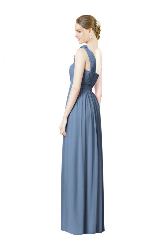 Günstige Staubiges Blau A-Linien Eine-Schulter Chiffon Lange Brautjungfernkleider