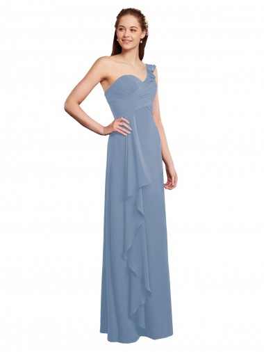 Günstige Staubiges Blau A-Linien Eine-Schulter Chiffon Lange Brautjungfernkleider