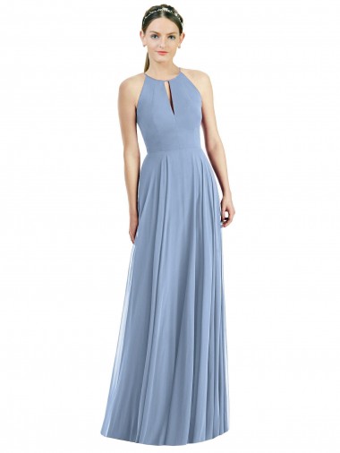 Günstige Staubiges Blau A-Linien Neckholder Chiffon Lange Brautjungfernkleider