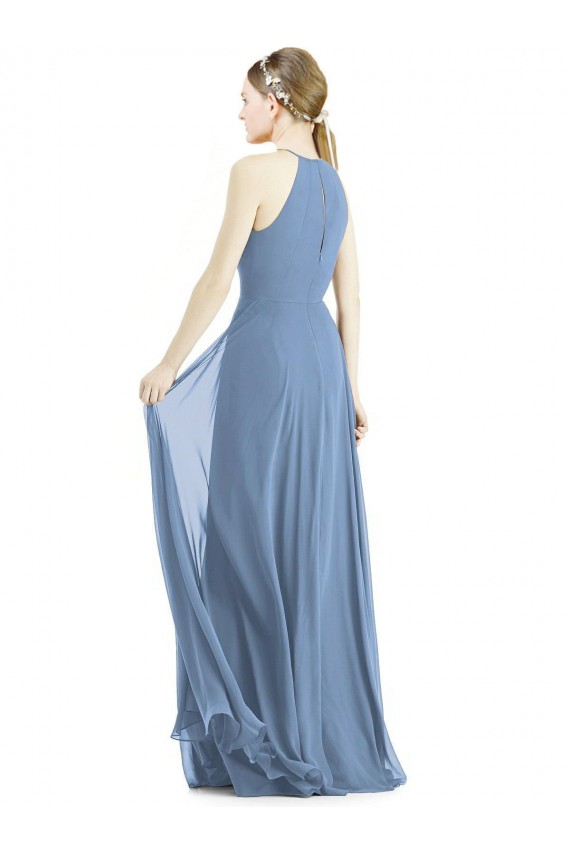 Günstige Staubiges Blau A-Linien Neckholder Chiffon Lange Brautjungfernkleider