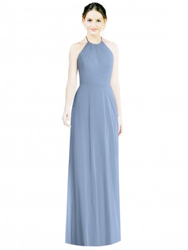 Günstige Staubiges Blau A-Linien Neckholder Chiffon Lange Brautjungfernkleider