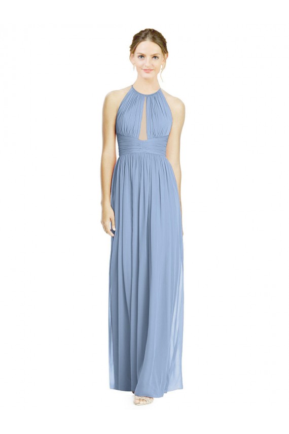 Günstige Staubiges Blau A-Linien Neckholder Chiffon Lange Brautjungfernkleider