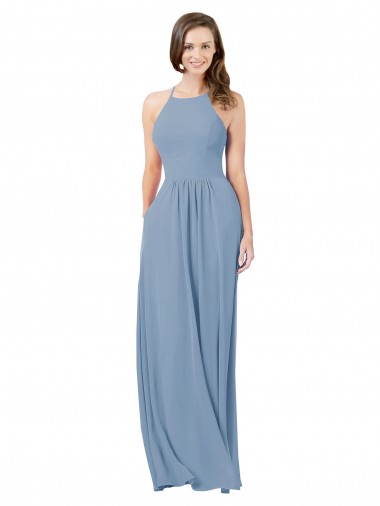 Günstige Staubiges Blau A-Linien Neckholder Chiffon Lange Brautjungfernkleider