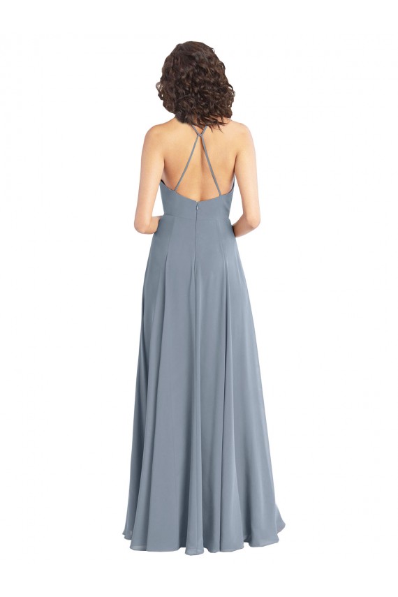 Günstige Staubiges Blau A-Linien Neckholder Haube Ausschnitt Chiffon Lange Brautjungfernkleider