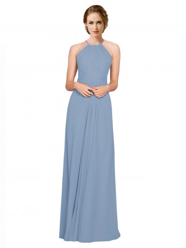 Günstige Staubiges Blau A-Linien Neckholder Stehkragen Ausschnitt Chiffon Lange Brautjungfernkleider