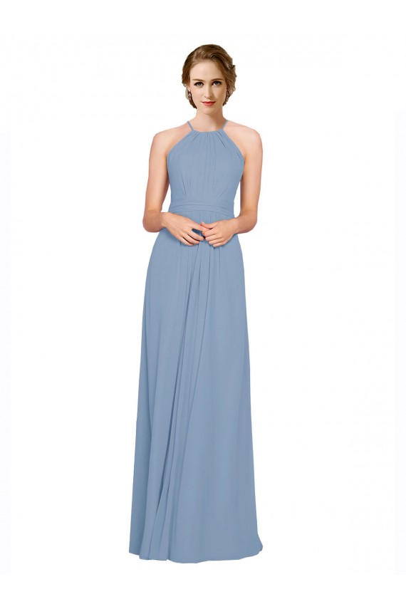 Günstige Staubiges Blau A-Linien Neckholder Stehkragen Ausschnitt Chiffon Lange Brautjungfernkleider