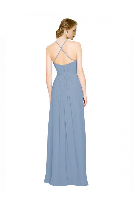 Günstige Staubiges Blau A-Linien Neckholder Stehkragen Ausschnitt Chiffon Lange Brautjungfernkleider