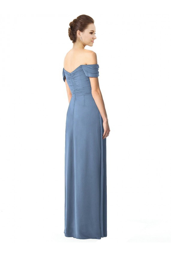 Günstige Staubiges Blau A-Linien Off-Schulter Chiffon Lange Brautjungfernkleider