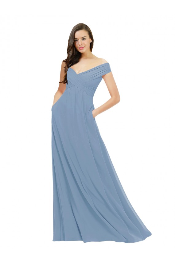 Günstige Staubiges Blau A-Linien Off-Schulter Chiffon Lange Brautjungfernkleider