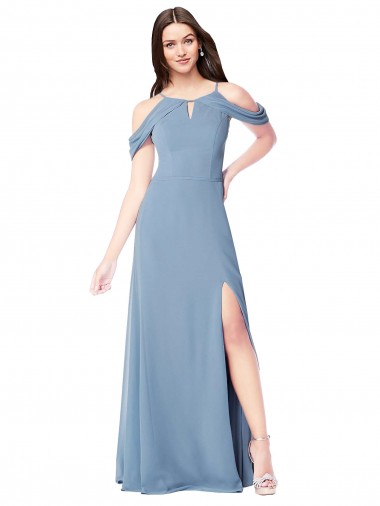 Günstige Staubiges Blau A-Linien Off-Schulter Chiffon Lange Brautjungfernkleider