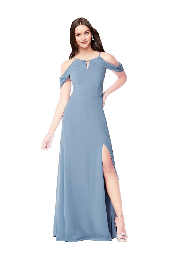 Günstige Staubiges Blau A-Linien Off-Schulter Chiffon Lange Brautjungfernkleider