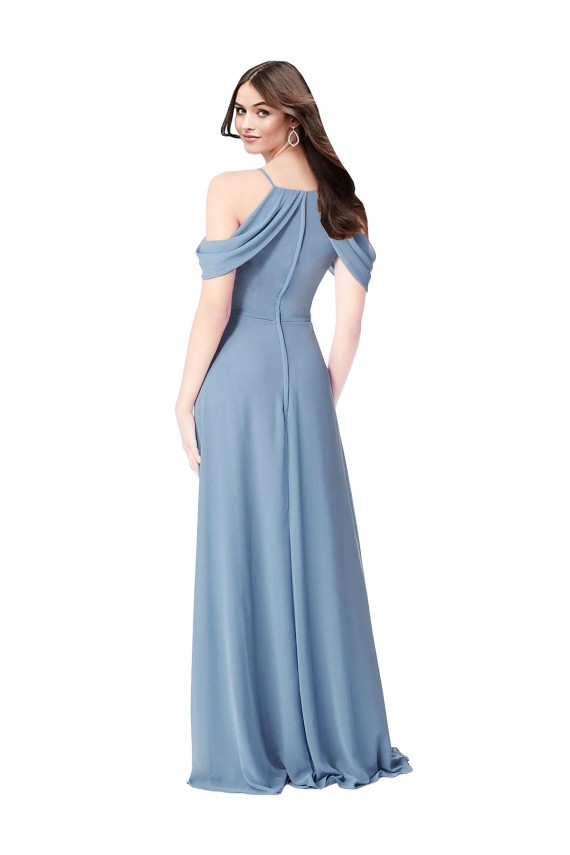 Günstige Staubiges Blau A-Linien Off-Schulter Chiffon Lange Brautjungfernkleider