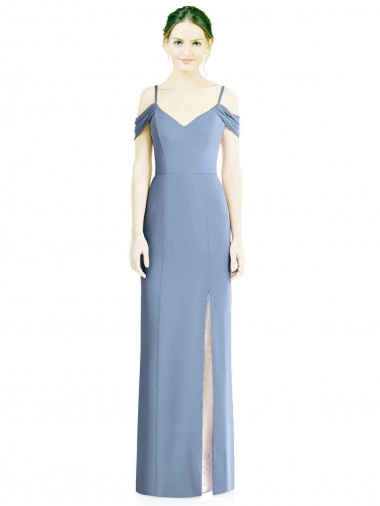 Günstige Staubiges Blau A-Linien Off-Schulter Chiffon Lange Formale Brautjungfernkleider / Abendkleider