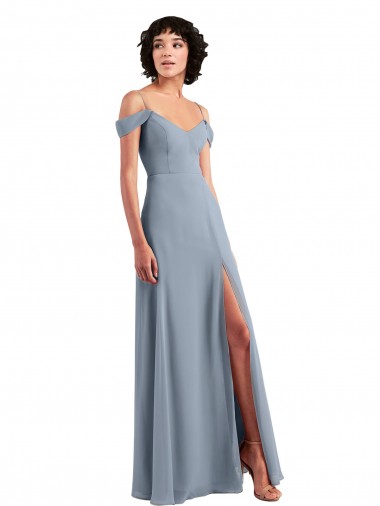 Günstige Staubiges Blau A-Linien Off-Schulter Spaghetti-Träger Chiffon Lange Brautjungfernkleider